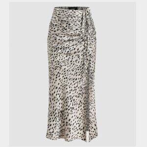 Cider NEW size L grey leopard print satin midi skirt with ruched ties